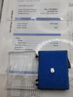 1.02 CT GIA Certified Emerald Cut Loose Diamond J Color VS1 Clarity